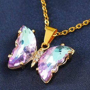 Gold & Rainbow Crystal Butterfly Necklace, New Statement Everyday Necklace, Gift